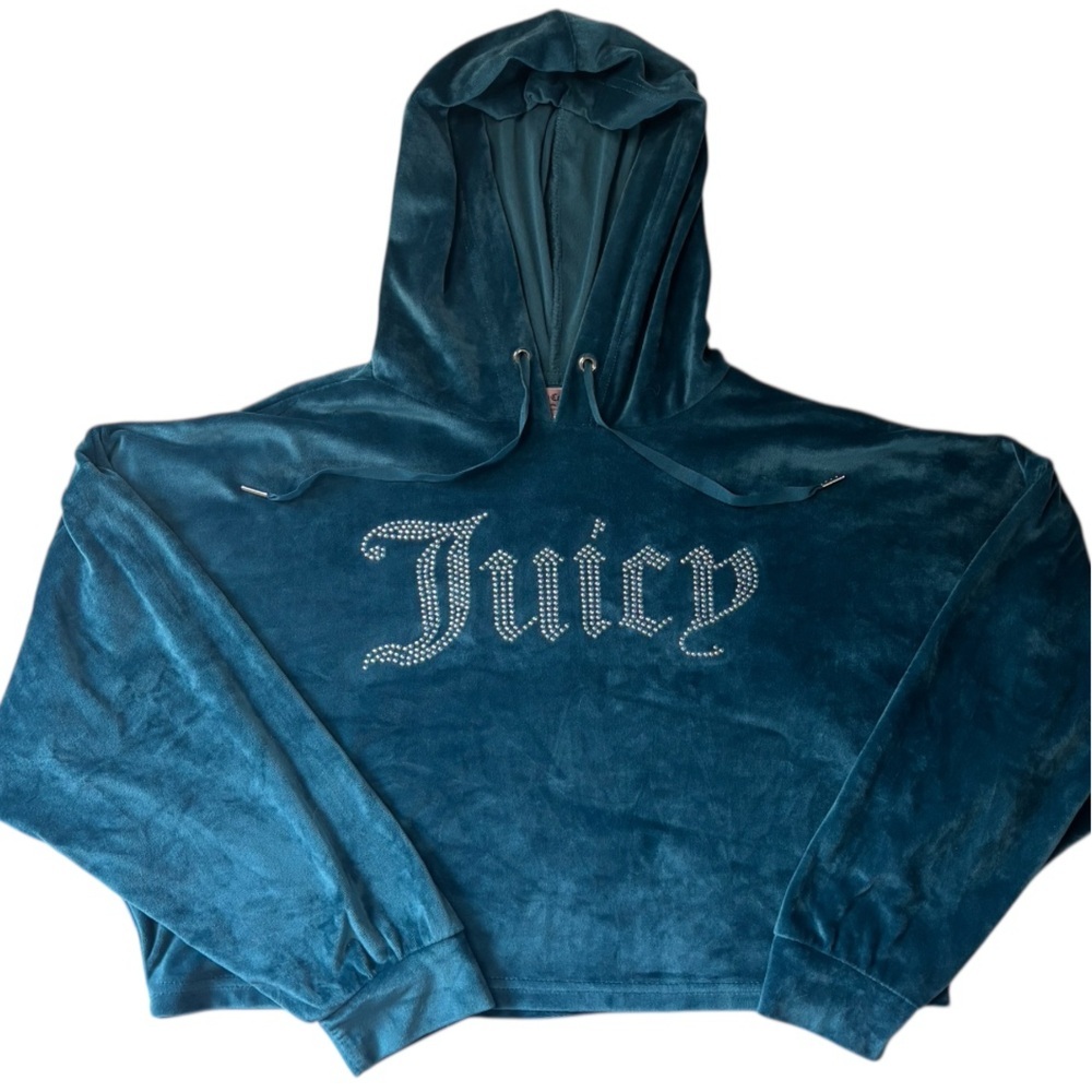 Juicy Couture Teal Velour Rhinestone Logo Hoodie Sleepwear Top Women’s M Y2K